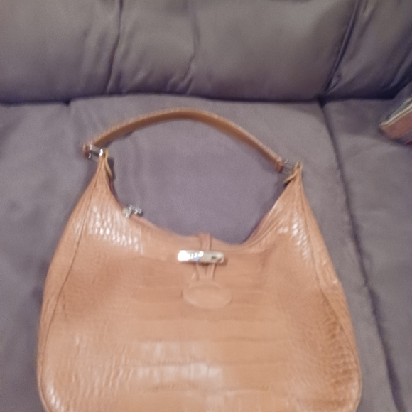 Longchamp Tan Croc Embossed Leather Handbag Shoulder Bag Purse Tote - Picture 6 of 9